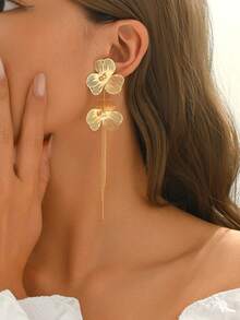 1pair Elegant Luxury Golden Alloy Flower Long Chain Tassel Dangle Earrings For Women Wedding Evening Party Jewely Gift - Multicolor - View 3