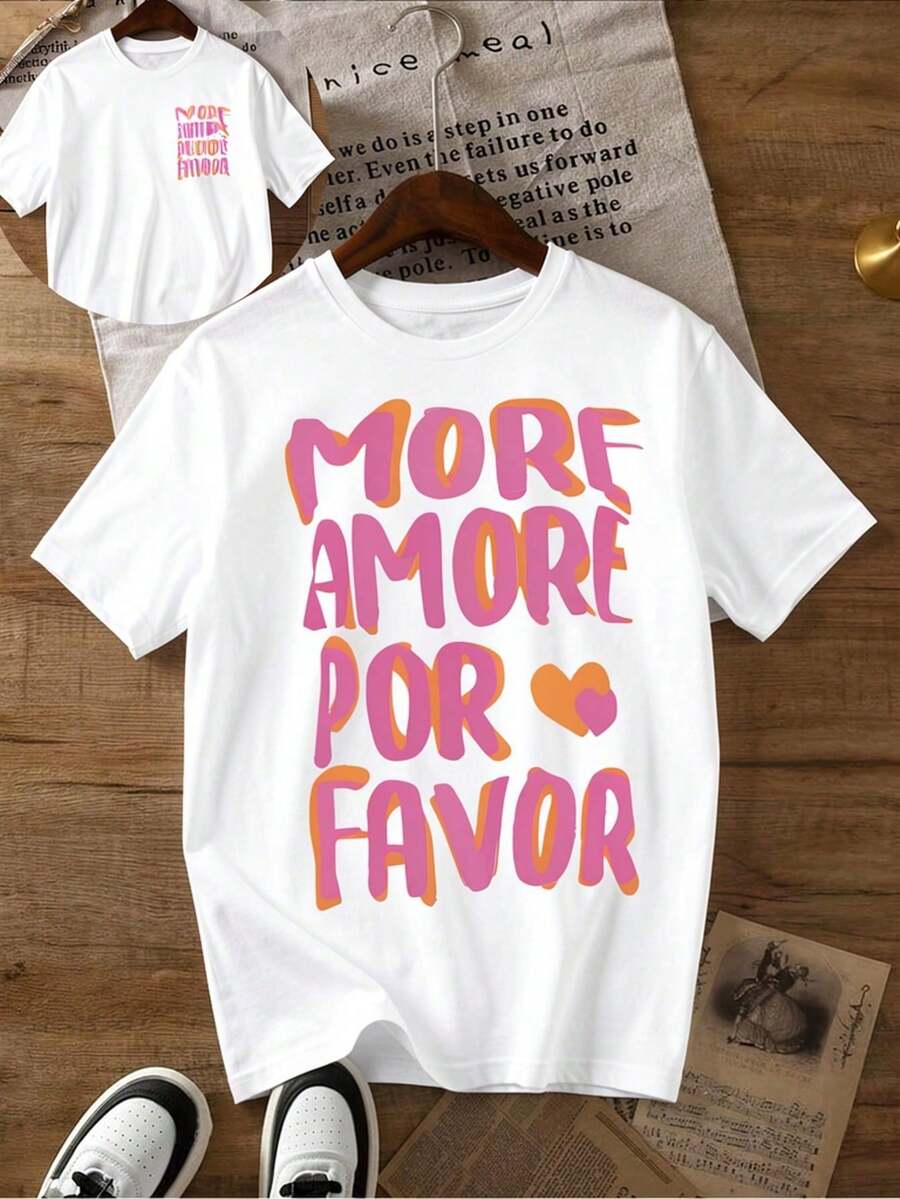 Vintage Men's T-Shirt With MORE AMORE POR FAVOR Text And Heart Print, Orange Lettering, Round Neck, Short Sleeves, Shiny Retro Top - 白色 - 查看 1