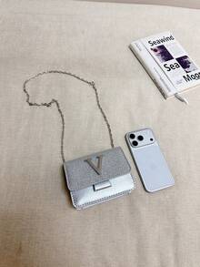 Bolso de hombro con cadena y solapa de lentejuelas súper mini minimalista - Plateado - Ver 6
