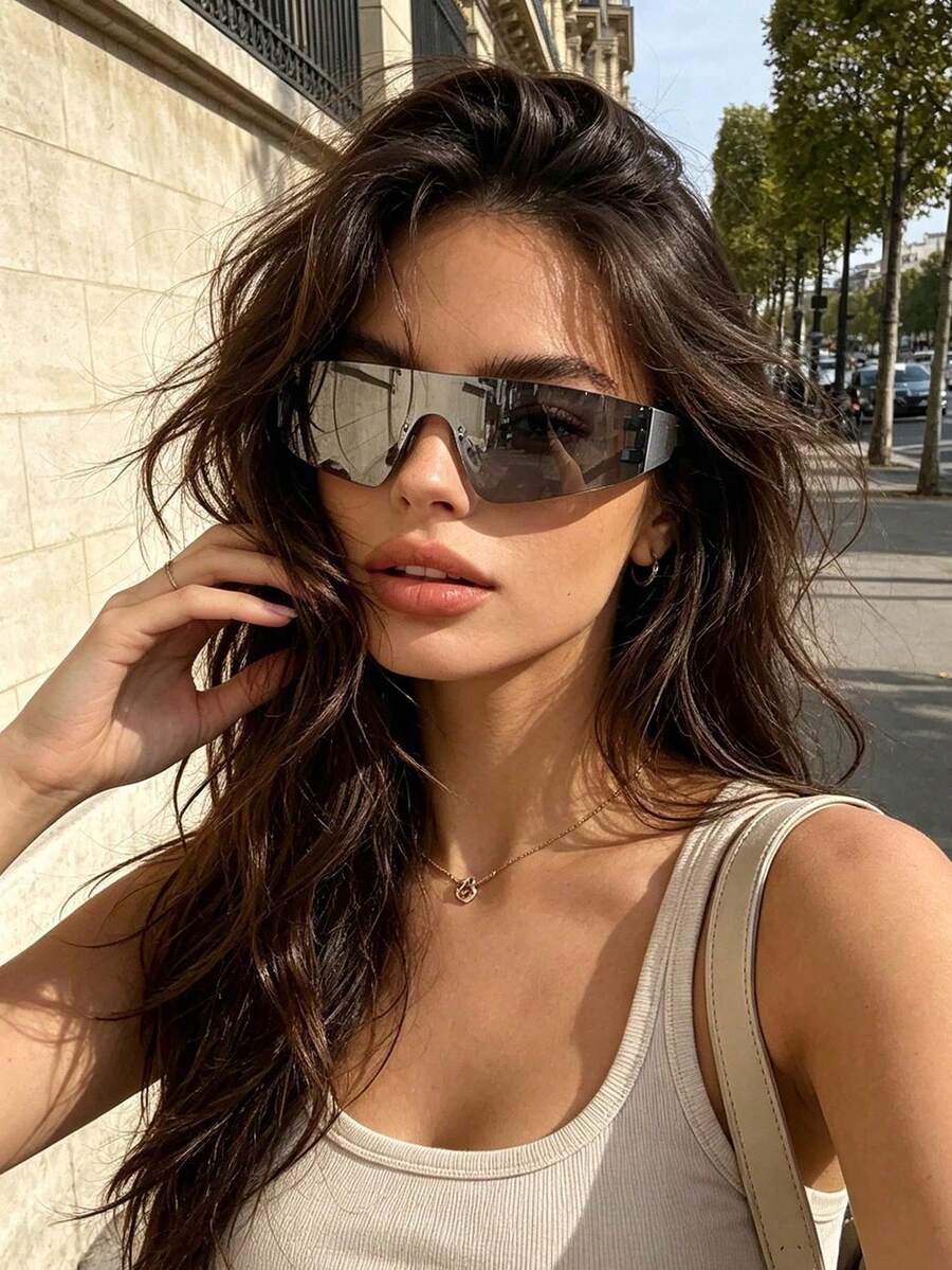 1pc Frameless Single Lens Punk Fashion Glasses Street Style Pose Glasses For Women - Silver Frame White Mercury - View 1