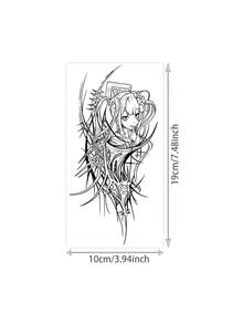 1 pieza Pegatina de tatuaje temporal con diseño de arte de línea negra herbal de chica anime de colas gemelas con patrón vertical largo de espinas góticas, diseño de tatuaje falso realista, adecuado para regalos de despedida de soltera, festivales de música, juegos, regalos de graduación, dura de 7 a 14 días - Negro - Ver 6