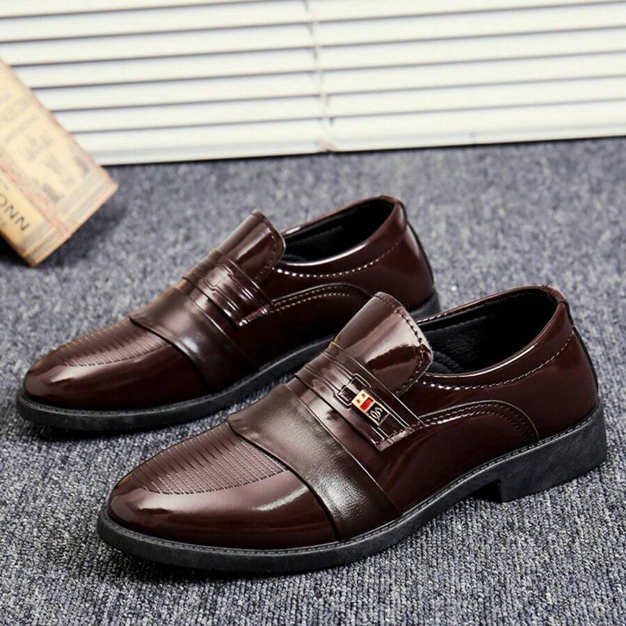 Elegant Black Patent Leather Low Heel Dress Shoes - Sophisticated Design, High-Quality PU Material, Button Closure, Versatile Style