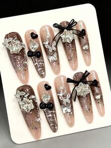 10 piezas de uñas postizas de stiletto hechas a mano, para vacaciones de verano, temporada de graduación, Copa del Mundo, primavera y verano, adecuadas para niñas y mujeres en festivales, fiestas, festivales de música y uso diario, regalo para el Día de San Valentín y el Día de la Madre. - Negro - Ver 2