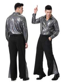 Men's 70s Disco Halloween Costume Set – Bell Bottom Pants, Retro Shirt, Wig, Necklace, Fake Mustache & Accessories For 1970s Fancy Dress Party - Silver - View 4