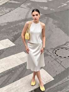Spaghetti Strap A-Line Satin Drape Mermaid Skirt Fashion Set, Women Camisole Strap Knee-Length Skirt Summer - Pearl White - View 5