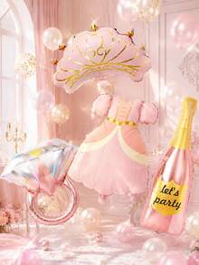 4pcs Princess Party Balloon Set, Includes Princess Crown And Princess Dress Foil Balloons, Colorful Diamond Balloons, Champagne Balloons, Suitable For Princess Theme Party, Birthday, Wedding, Anniversary, Princess Style Atmosphere Decoration, Pink Scene Decoration, Gender Reveal Party, Girl Birthday, Princess Birthday - Multicolor - View 4