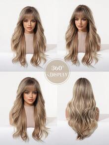 22 Inch Women Light Brown Ash Blonde Balayage Long Wavy Synthetic Wig With Air Bangs, Natural Layered Curly Hair For Daily Office Party Dating Cosplay Heat Resistant High Temperature Fiber - Multicolor - View 8