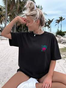 Women's Summer Tops,Plus Size, Summer Large Size Women's Round Neck Short Sleeve T-Shirt, 100% High Quality, Palm Tree Creative Print, Casual Style, V - Black - View 2