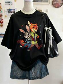 Disney Zootopia Judy And Nick Print Casual Cotton Round Neck Short Sleeve Regular Length T-Shirt, Disneyland Outfit, Disney Animal Kingdom Outfit - 黑色 - 查看 1