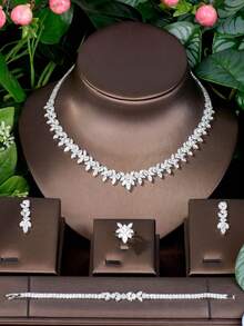 1 Set Romantic Cubic Zirconia Leaf Decorated Jewelry Set, Perfect For Women's Graduation Ceremony - Silver - View 8