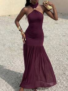 Vestido largo de mujer marrón con cuello halter | Vestido de fiesta con hebilla de metal, cintura fruncida y bajo con volantes - Morado - Ver 5