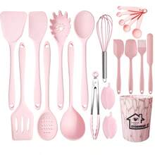 Non-Stick Silicone Kitchen Utensil Set, Heat-Resistant Cooking Tools, Kitchen Utensil Set, Includes Spatula, Soup Spoon, Strainer, Scraper, Brush, Food Tongs, Pasta Spoon, Heat-Resistant Silicone Kitchen Tools - Pink - View 5