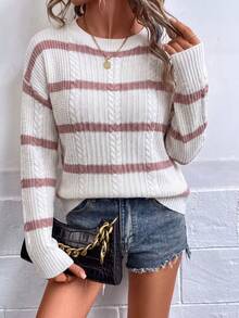 Sweater Rajut Pendek Longgar Lengan Panjang Leher Bulat Motif Garis Horizontal Merah Muda & Putih Ukuran Plus untuk Wanita, Cocok untuk Musim Gugur - MultiWarna - View 1