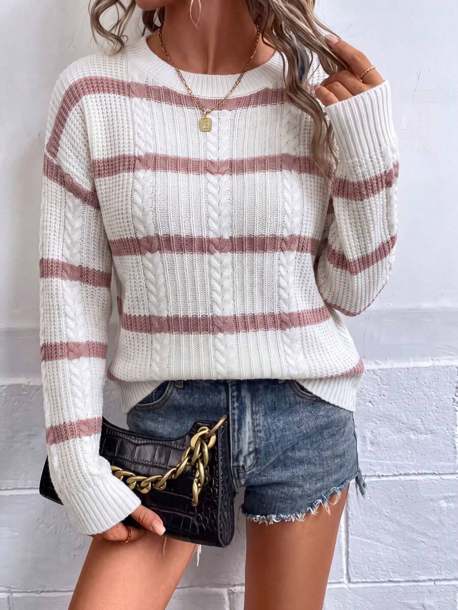 Plus Size Women's Cable Knit Textured Pink & White Horizontal Striped Colorblock Long Sleeve Crew Neck Loose Short Knit Sweater, Jumpers For Fall - Multicolor - View 1