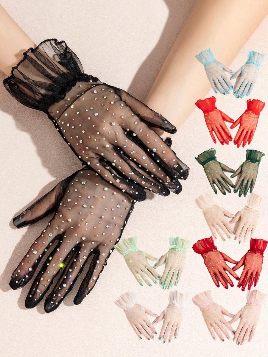 1 Pair Women's Sheer Mesh Rhinestone Decorated Cuff Ruffle Lace Gloves, Elegant Glamorous Style For Party, Evening Banquet, Performance, Solid Color Polka Dot - Multicolor - View 1