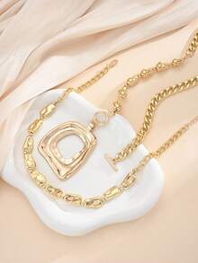 2/1pc Fashion Vintage Exaggerated Geometric Pendant OT Clasp Beaded Necklace Set For Women, Suitable For Daily Wear, Party, Vacation, Date, Travel, Evening Dinner, Perfect Gift For Girlfriend And Mother - Yellow Gold - View 4
