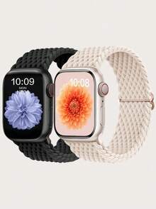 2入編織彈性尼龍錶帶，適用 49mm 46mm 45mm 44mm 42mm 41mm 40mm 38mm，男女通用，可調節Solo Loop錶帶，適合 Ultra SE 11/10/9/8/7/6/5/4/3/2/1 - 黑色和星光白 - 查看 16
