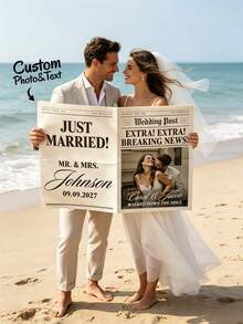 1pc Customized Newspaper Style Wedding Announcement Poster, Personalized Photo & Text Wedding Newspaper, Intimate Wedding Newspaper, Unique Couple Marriage Reveal, Modern, Bold, Fashionable Newspaper - Multicolor - View 2