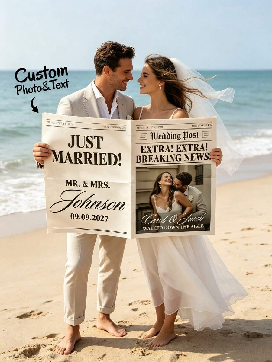 1pc Customized Newspaper Style Wedding Announcement Poster, Personalized Photo & Text Wedding Newspaper, Intimate Wedding Newspaper, Unique Couple Marriage Reveal, Modern, Bold, Fashionable Newspaper