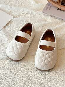 1 Pair Girls' Diamond Quilted Embroidered Mary Jane Shoes, Soft Sole Anti-Slip Princess Leather Shoes - Beige - View 6