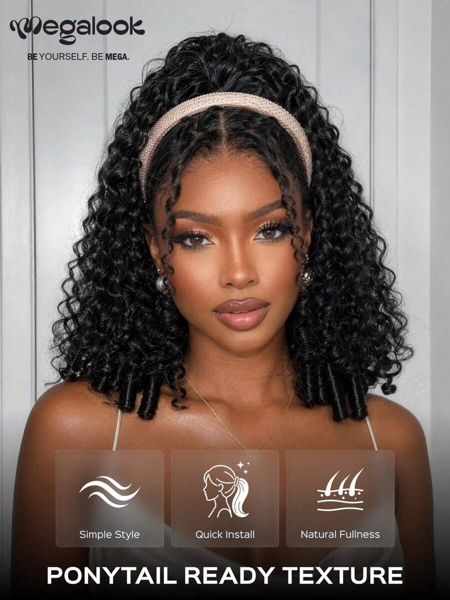 MEGALOOK Ekstensi Rambut Ekor Kuda Keriting 100% Rambut Manusia, Wig Setengah Tanpa Lem, Pemasangan Tanpa Lem, Wig Setengah dengan Tali Serut yang Dapat Diatur, Panjang 14-22 Inci, Tidak Rontok, Mudah Dipakai, Ramah untuk Pemula, Cocok untuk Wanita