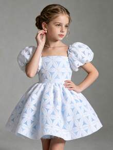 Girls' Elegant Floral Pattern Puff Sleeve Short Dress, Princess Dress For Birthday Party, Graduation Dance, Evening Gala, Outdoor Vacation, Wedding, Spring/Summer - Baby Blue - View 3