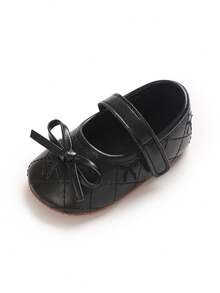 Black Quilted Bow Mary Jane Infant Shoes, Hook And Loop Soft Sole Anti-Slip Pre-Walker Shoes For Newborn Girls, Princess Style Leather Shoes - Black - View 4