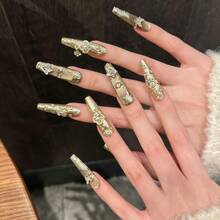 10 Stück handgefertigte extra lange Sarg-förmige Nagelspitzen, exquisite Kunstnägel, luxuriöse Vintage-Gold-Strass- & Zirkonia-verzierte aufwendig handgefertigte Press-On-Nägel, eleganter Luxusstil für Frauen - Mokka-Braun - Übersicht 3