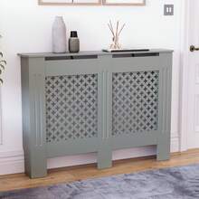 Home Discount Vida Designs Oxford Olive Grey Radiator Cover Heat Protection Adjustable Cross Pattern Design With Wooden Shelf Top Display Hallway MDF Cabinet Easy To Install - Olive Grey - View 11