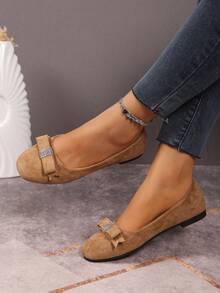 Solid Color Fashion Bow Women's Slip-On Shoes Office Autumn Slouchy Shoes Women's Driving Loafers - Khaki - View 2