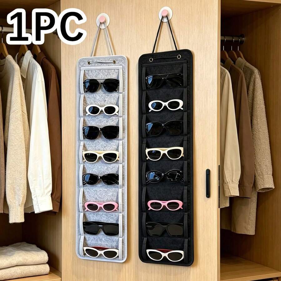 1pc - Hanging Felt Eyewear Storage Bag, Wall-Mounted 8-Slot Transparent Window Fashion Glasses Organizer, Fits Fashion Glasses, Shades, Prescription Glasses, Glasses, Sun Visor Glasses And More, Bedroom Closet Eyewear Organizer, Large Capacity Men/Women Eyewear Storage Container, Foldable Travel Eyewear Storage Bag - Grey - View 1