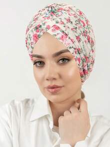 1pc Muslim Printed Headscarf Cap, European & American Style Floral Fabric Turban Hat, Pleated Design For Women For Dress - A - View 24