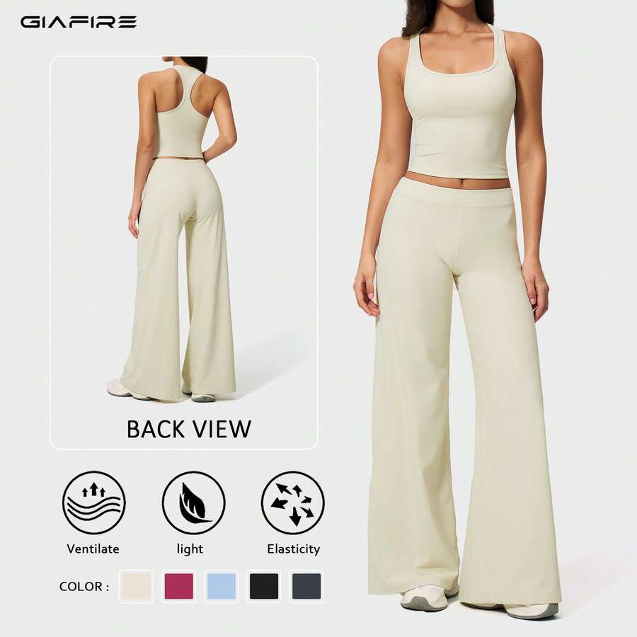 2026新款 GIAFIRE 女款性感高彈力兩件套，圓領短版背心搭配飄逸寬腿長褲，時尚套裝