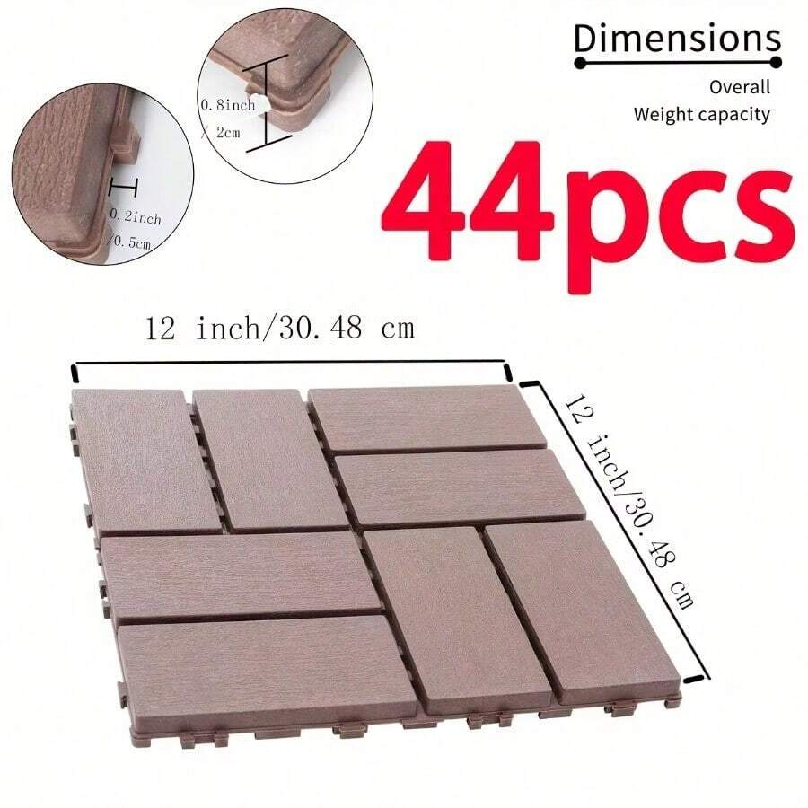 44 Pack Plastic Interlocking Deck Tiles, 30.48X30.48X2.03 Cm Waterproof Outdoor Patio Tiles, Easy Click Lock Installation For Poolside, Balcony, Backyard - Brown-xbk(44 Pack) - View 1
