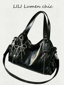 New Fashion Classic Multi-Function Commuter Solid Color Large Capacity Vintage PU Fabric Shoulder Bag Handbag Wallet, Zipper Opening Women's Bag, Suitable For Shopping, Travel - Black - View 2