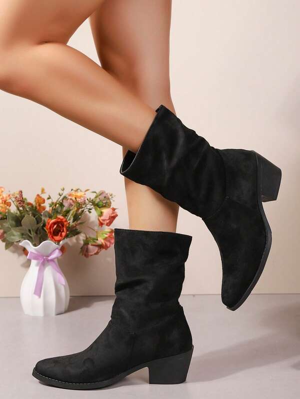 Women's Ankle Boots And Ankle Boots, Versatile Wear-Resistant Fine Faux Suede Solid Color Pointed Toe Ruched Mid-Calf Chunky Wedge Heel Non-Slip Ankle Boots, European And American Casual Style, Autumn/Winter Camping, Walking, Dating, Commuting, Party