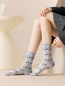 3 Pares de Meias Femininas Vintage Folclóricas Florais Jacquard com Babados até a Panturrilha, Estilo Escolar Japonês Nicho Floral Respirável Versátil Meias Slouch - Multicolorido - Visão 4