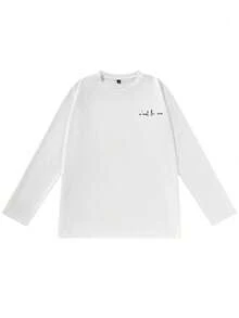 C'est La Vie French Handwritten Loose Long Sleeve T-Shirt Men Spring/Autumn White Minimalist Commuter Base Layer - White - View 7