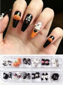 Halloween Nail Charms, 3d Resin Nail Decorations, 12 Grids Mixed Nail Art Box, Devil Pumpkin Nail Ornaments, Clown,Black Cat Nail Charms, Spooky Goth Manicure Supplies, Press On Nail Accessories, Halloween Nails Salon Diy , Cartoon Clown Nail Studs - Multicolor - View 1