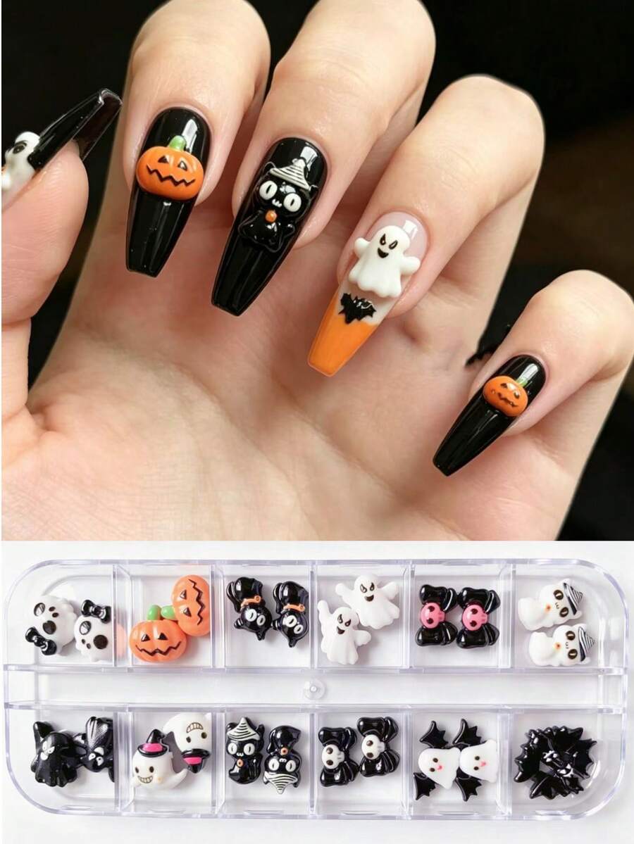 Halloween Nail Charms, 3d Resin Nail Decorations, 12 Grids Mixed Nail Art Box, Devil Pumpkin Nail Ornaments, Clown,Black Cat Nail Charms, Spooky Goth Manicure Supplies, Press On Nail Accessories, Halloween Nails Salon Diy , Cartoon Clown Nail Studs - Multicolor - View 1