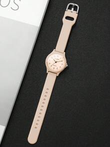 女款矽膠錶帶時尚極簡數位錶盤經典優雅石英腕錶 (1件/組) 不含錶盒 - 米色 - 查看 8