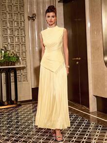 優雅女款淡黃色無袖立領大禮服，鑲珠裝飾，百褶長款正式晚禮服，適合婚禮派對秋季 - 鵝黃色 - 查看 8
