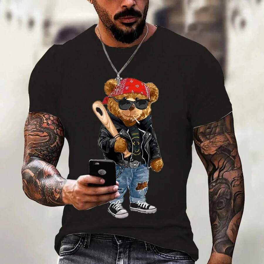 Cartoon Bear Series Patterned Men's T-Shirt Interesting Printed Undershirt Casual Fashion Men's Clothing Cotton Women's T-Shirt - Color 2 - View 1