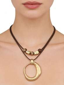 1pc Bohemian Vacation Style Twisted Hollow Water Drop Pendant Double Layer Wax Cord With Brown Round Beads Necklace, Minimalist Fashion Short Sweater Chain, Daily Party Halloween Wear Accessory, Unisex Couple Necklace - Beads - View 7