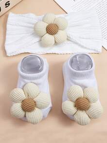 1套女嬰花卉尼龍髮帶與3D花卉裝飾軟針織襪子套裝，適合新生兒，適合嬰兒洗禮禮物與攝影道具 - 彩色 - 查看 16