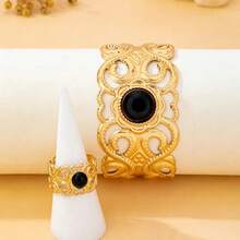 1 Set/2pcs Perhiasan Wanita Set Gelang dan Cincin Asimetris Geometris Terbuka yang Dapat Diatur, Desain Modis dan Berlebihan, Terbuat dari Logam Berongga dengan Batu Permata Imitasi dan Desain Geometris. - Hitam - View 3