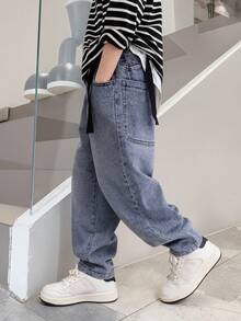 Celana Jeans Kasual Model Lurus Longgar Terbaru untuk Anak Laki-laki - Medium Wash - View 9
