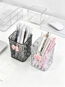 2pcs/1pc Ins Luxury Woven Square Pen Holder With Cute Bow Decoration, Student Desk Organizer, Office Large Capacity Pen Holder, Makeup Brush Holder, Multi-Function Storage Container - Rectangle - View 4