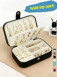1pc Holiday Travel Jewelry Box PU Leather Jewelry Organizer Portable Jewelry Storage Organizer Jewelry Display Stand Multi-Function Ring Box Travel Essential Cruise Essential Vacation Essential Beach Essential Bridesmaid Gift Birthday Gift Mother's Day Gift Gift For Women - Black - View 2