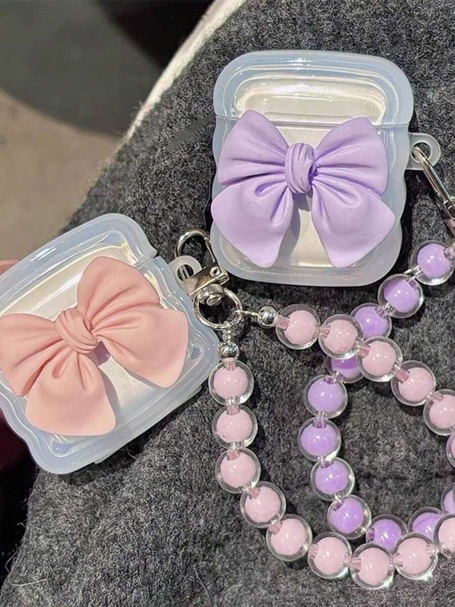 Funda de Auriculares Bluetooth con Lazo Ondulado y Volantes Compatible con Apple Pro/Pro2/1/2/3/4 Generación + Pulsera Colgante - lazo morado - Ver 1